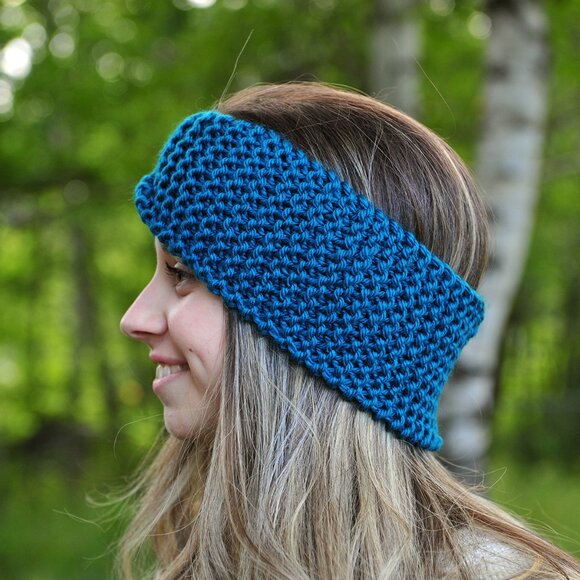 Handmade Teal Ear Warmer, Hand Knit Headband Made in Canada - Picture 2 of 3